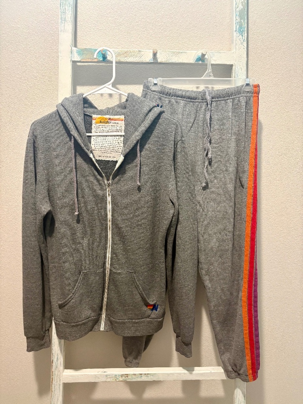 Aviator Nation Zip Hoodie + Rainbow Stripe Sweatpants Set – Medium